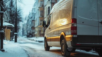 Delivery van parked on a snow-covered street during early morning light in a quiet urban neighborhood