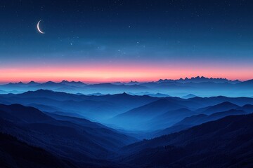 Fototapeta premium Majestic nightscape with crescent moon over blue mountain ranges at dusk