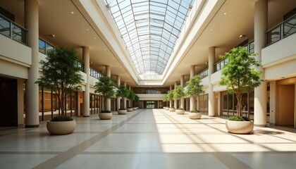 Empty shopping mall interior with skylight. Sunlight streams through large glass roof. Trees,...