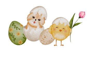 Easter Cat and Chick in Cartoon Design - Cute Kitty and Bird for Holiday Decoration Prints