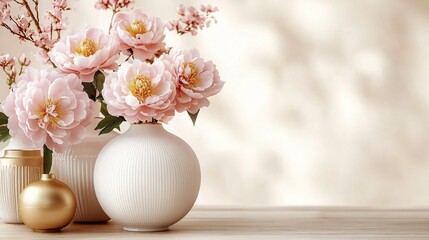 Elegant white porcelain vase with soft pink peonies, perfect for Chinese New Year, wedding invitations, or home decor. Creates a serene and sophisticated atmosphere.