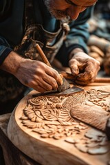A craftsman skillfully carving intricate designs into wood.
