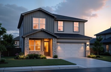Fototapeta premium Suburban home with modern design. Single car garage with light gray siding, natural stone cladding. Evening lighting highlights home innovative layout. Stylish exterior. Comfortable living area,