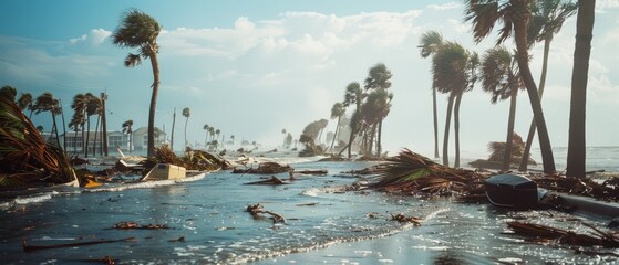 A windswept coastal scene captures the aftermath of a storm, with palm trees bending and debris scattered across a flooded street.