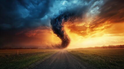 Tornado formation under dramatic storm clouds near sunset in an open field