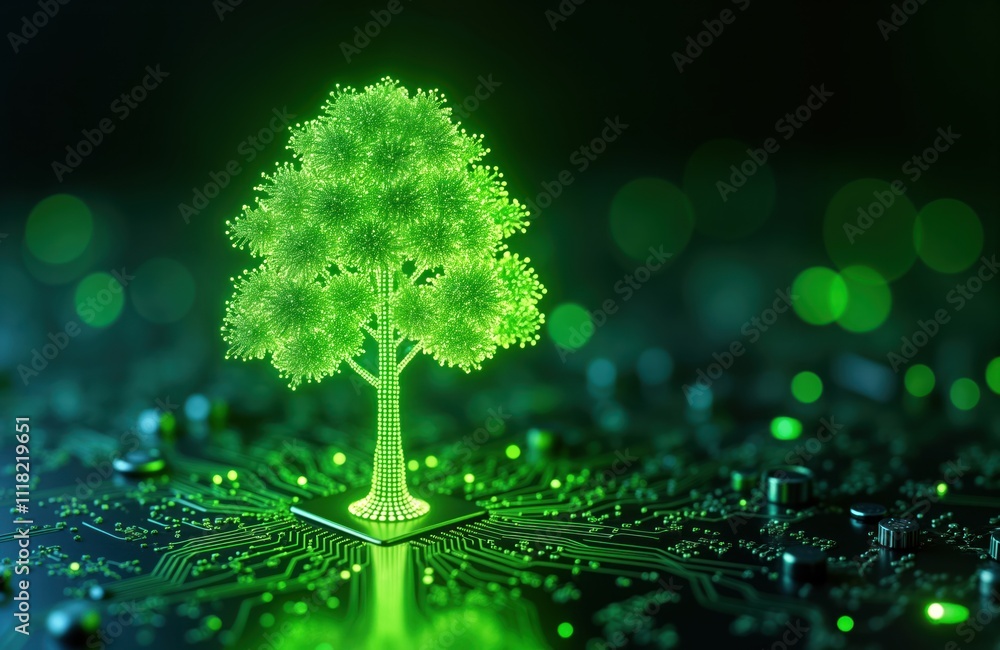 Poster neon glowing green tree grows from electronic circuits on circuit board. futuristic tech illustratio