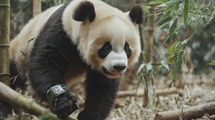 Fototapeta premium Panda Bear with Prosthetic Limb Climbing Bamboo Trees in Forest