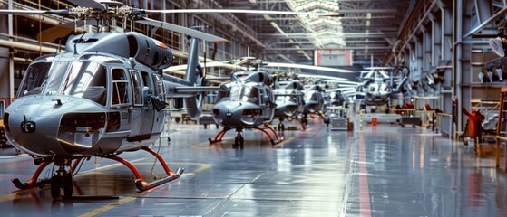 A lineup of helicopters inside a vast hangar, reflecting precision and engineering in an industrial setting.