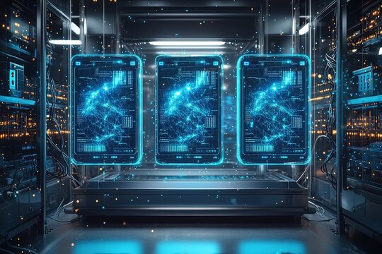 Futuristic data servers with holographic blue light interfaces in a secure server room