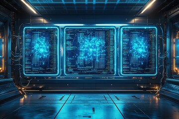 Futuristic digital interface with glowing network data panels in a high-tech environment