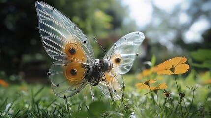Ethereal Butterfly with Prosthetic Wing Fluttering in Vibrant Meadow