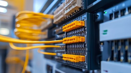 Close-up of server rack with yellow fiber optic cables connected.