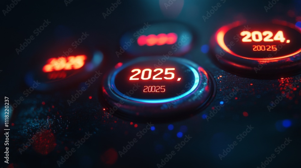Poster futuristic interface showing 2025 and 2024 new year countdown buttons glowing in neon red and blue l