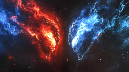 Abstract fire and ice collision swirling tendrils of red and blue energy clash dramatically against a black void powerful visual metaphor for conflict and duality. Void. Illustration