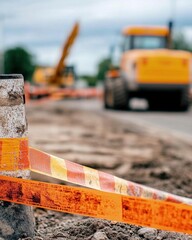 Construction site with heavy machinery and safety barriers in focus.