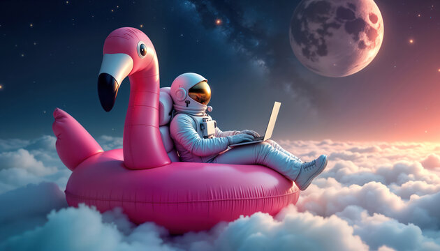 Astronaut relaxes on pink flamingo float in cosmos. Enjoying leisure time amidst nebula, stars. Spacesuit, laptop suggest futuristic, whimsical scenario. Weightlessness, serenity key elements.