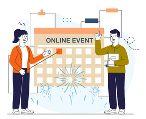 People planning online event. Man and woman near calendar. Reminder and notification. Scheduling and time management. Linear vector illustration