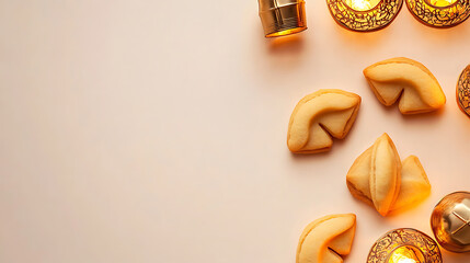 Traditional chinese flatlay with fortune cookies and tea lights cozy indoor setting cultural celebration mood