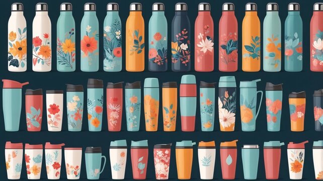 Thermo mugs, thermoses set. Tumblers, thermal cups for hot drinks. Vacuum insulated thermic bottles, travel flasks with lids. Termo containers for warm beverages. Isolated flat vector illustration