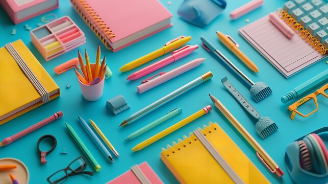 Back to school: flat lay of assorted colorful school supplies on a light blue background.