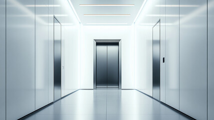 Sleek modern elevator lobby with minimalist design, featuring polished surfaces and ambient lighting, creating a futuristic atmosphere in a corporate setting.