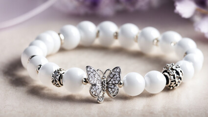 A white beaded bracelet with silver butterfly charms.

