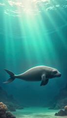 Obraz premium Cute dugong swims underwater in clear ocean water. Dugong glides through blue sea. Sunlight shines from above. Adorable marine mammal. Natural tropical environment. Ocean life. Underwater scene.