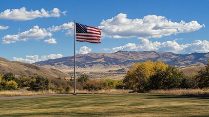 American Flag Over Scenic Landscape with Mountains and Clouds