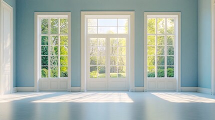Fototapeta premium Bright and Spacious Room with Large Windows and Garden View