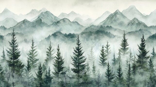 Misty Mountain Forest Watercolor Landscape, Green Hues, Foggy Peaks, Pine Trees, Nature Scenery, Wall Art Landscape art, watercolor painting