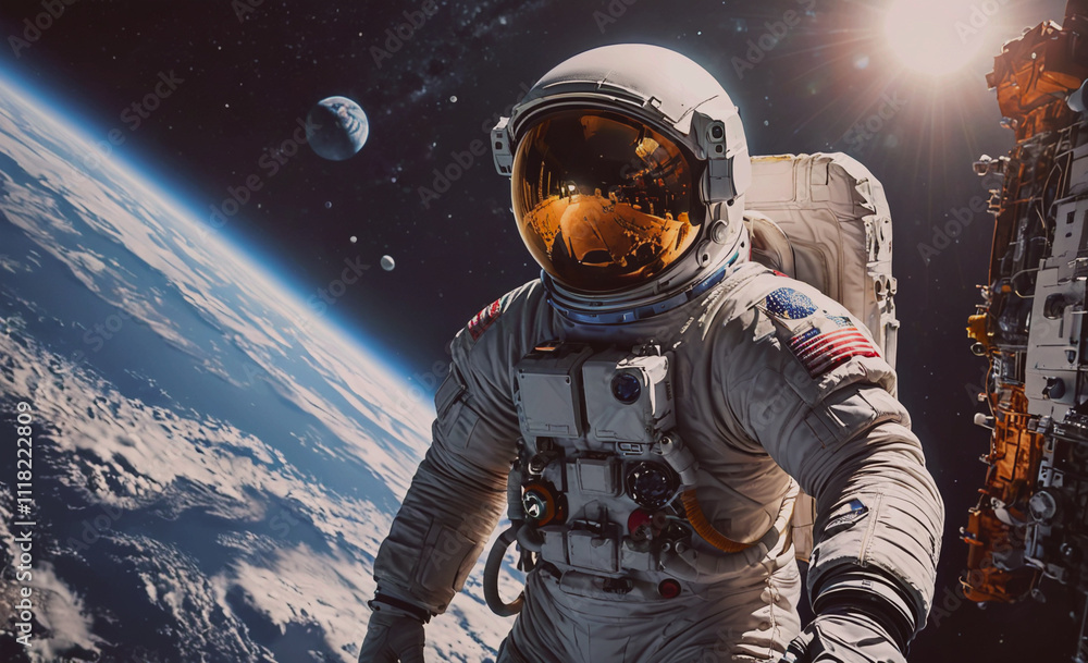Poster man in a space suit is standing on the surface of the moon. he is wearing a helmet and a white suit