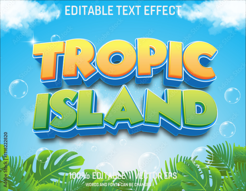 Poster tropic island vector 3d text effect with modern style design