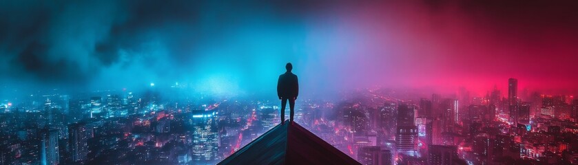 Fototapeta premium Cyberpunk Cityscape Man on Rooftop, Dual Tone Lighting, Digital Art, Night View cyberpunk, cityscape