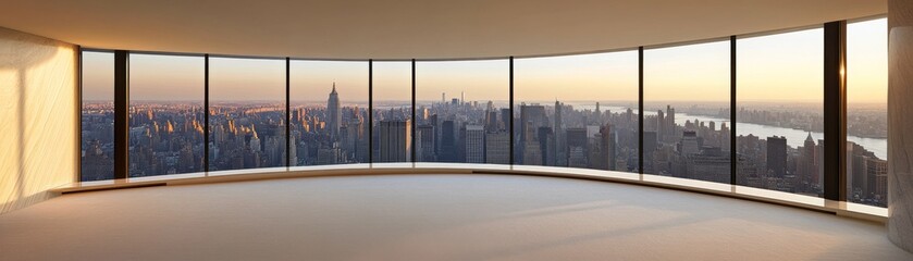 Curved Window Panoramic Cityscape Minimalist Interior Design, New York Skyline, Sunset View, Architectural Photography Penthouse, Skyscraper
