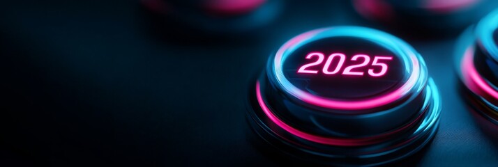 Entering the New Year 2025: A Futuristic Digital Countdown Button Glowing with Neon Lights