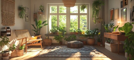 Fototapeta premium Sunlit Bohemian Living Room with Abundant Greenery