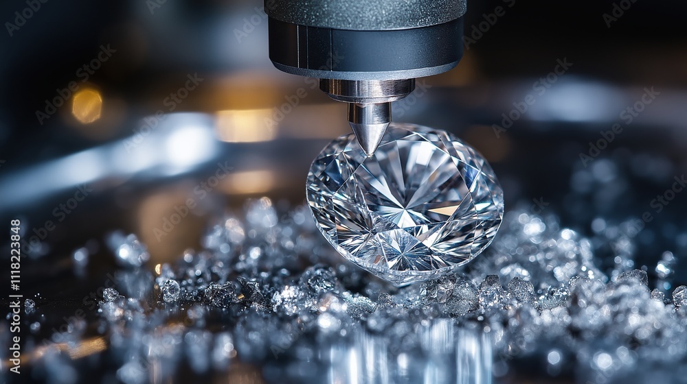 Poster machinery precisely cutting a synthetic diamond in a controlled setting