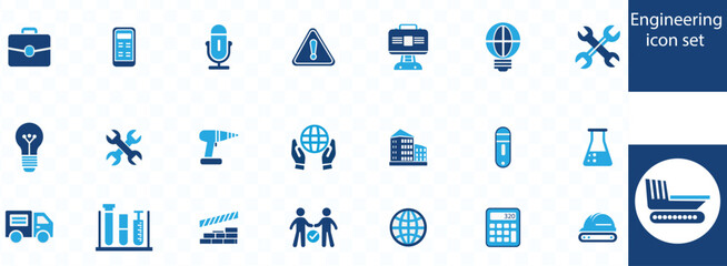 Engineering icon set. Containing blueprint, engineer, tools, construction, mechanical, industrial, worker, engine, manufacturing and machinery icons. Solid icon collection. Vector.