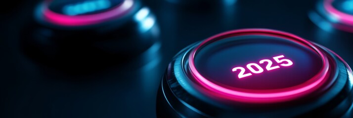 Futuristic 2025 Button: Neon Glow, Technological Advancement, New Year Countdown, Digital Interface, Shiny Chrome Design, Abstract Background, Innovation Concept