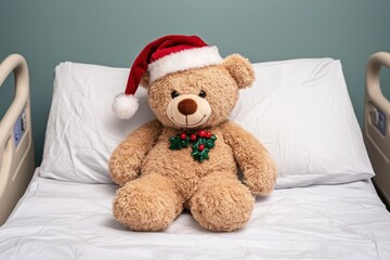 Fototapeta premium Cute teddy bear in hospital bed with christmas hat cheerful scene