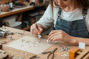 Fototapeta premium woman carefully crafting jewelry at wooden workbench, surrounded by tools and materials, showcasing her intricate designs