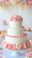 White cake with pink frosting on a table
