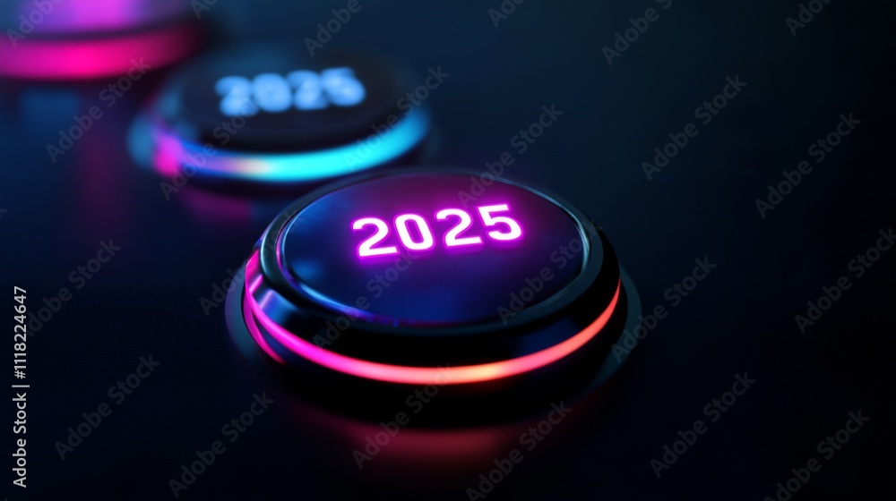 Poster entering 2025: futuristic neon button interface for the new year countdown