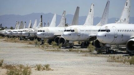 Abandoned airplanes lined up in a desert landscape.