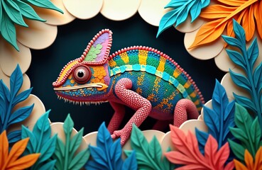 Fototapeta premium Colorful chameleon amongst paper-crafted plants. Multicolored reptile with intricate details, texture. Vivid colors, unique design. Artistic, modern 3D sculpture. Nature-inspired artwork. Creative,