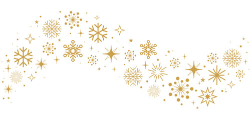 Christmas gold snowflakes isolated on white background, Holiday, winter, frame border, Christmas decoration, modern geometric simple style snowflakes & stars wave pattern, magic ornament elements