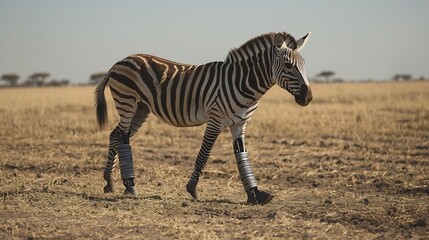 Naklejka premium Zebra with Prosthetic Limb Traversing Vast Savanna Landscape
