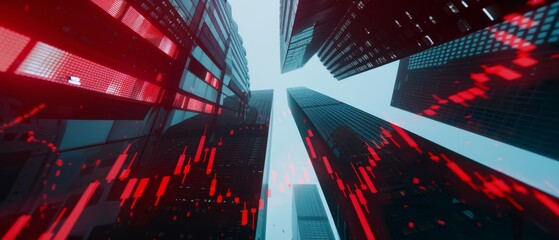 Towering skyscrapers reach into a cloudy sky, illuminated by striking red data streams, symbolizing a digital metropolis.