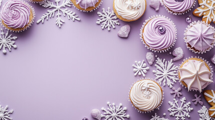 Delightful cupcakes with lavender frosting and winter themed decorations create festive atmosphere. Perfect for celebrations and winter gatherings