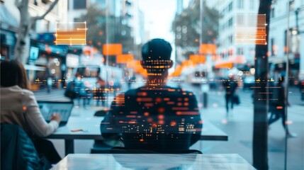 Urban Tech Nomad: A young professional, engrossed in their work, sits at a cafe table amidst the bustling city, their laptop screen reflecting the glow of data and insights.  